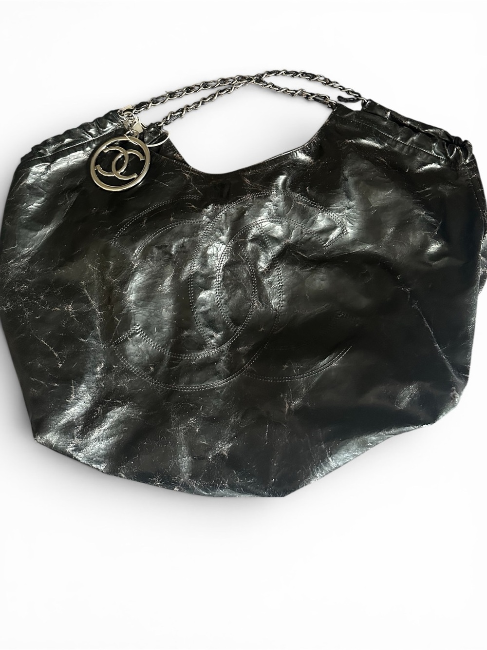 CHANEL Coco Cabas Black Leather Tote Bag with Chain-Strap and CC Charm